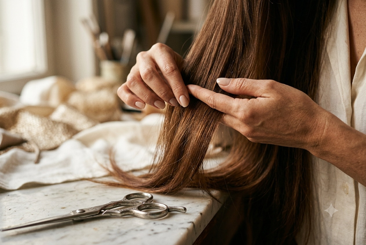 An artisan's hands working with long, lustrous hair