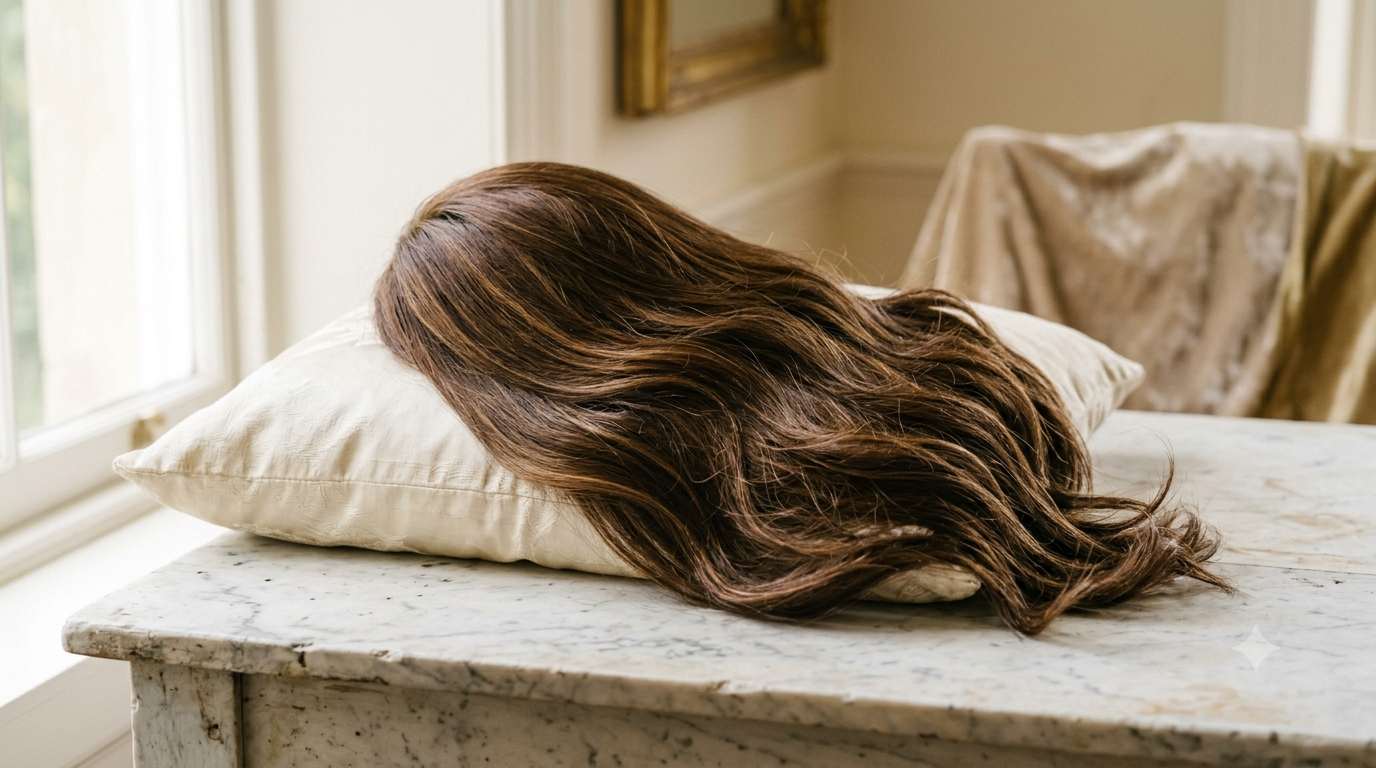 An MK wig — long chocolate hair on an ivory pillow