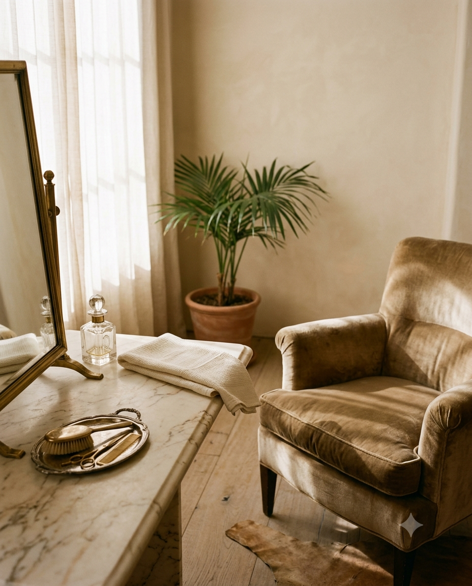 A luxury salon corner: velvet armchair, marble vanity, brass mirror