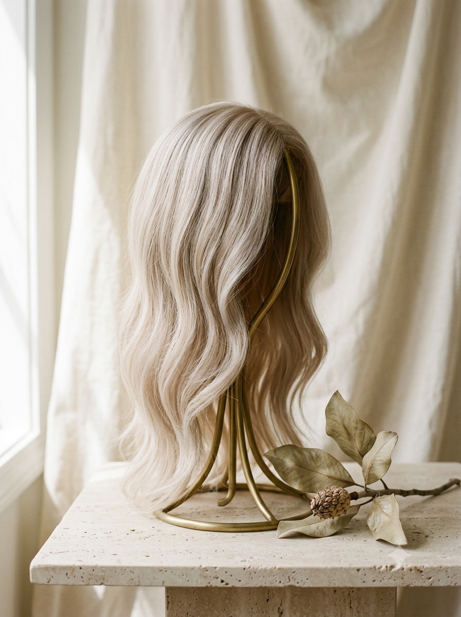 An MK wig on a brass stand